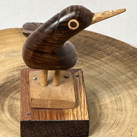 Vintage MCM 1960s Hand Carved Figural Wooden Bird On Stand Big Eyes Hand Made - Picture 5 of 8